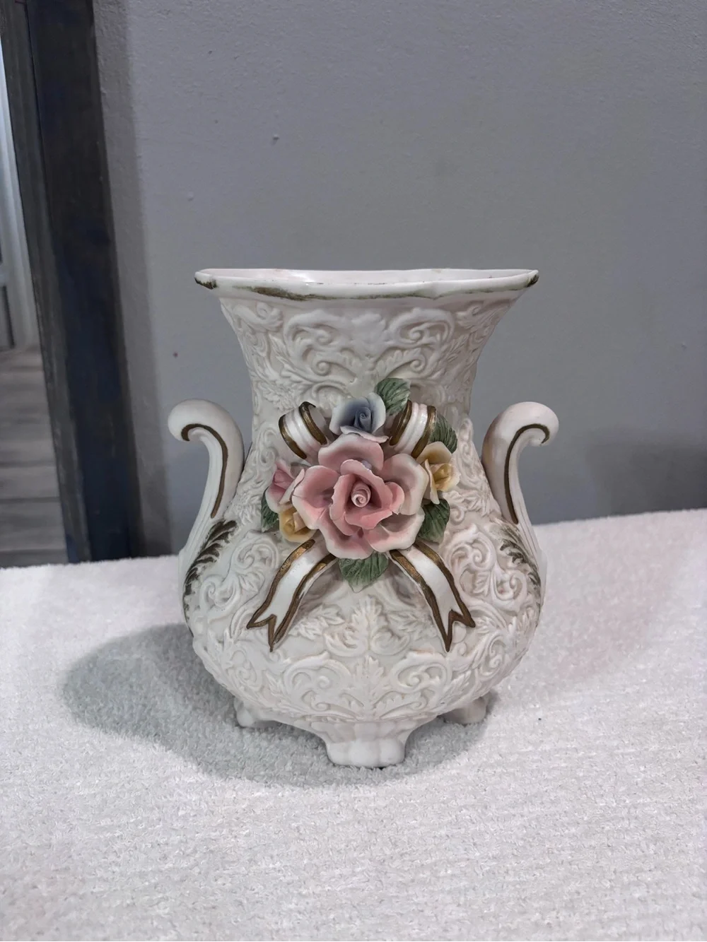 Vintage Ornate White Porcelain Urn Vase with Pink Floral Applique